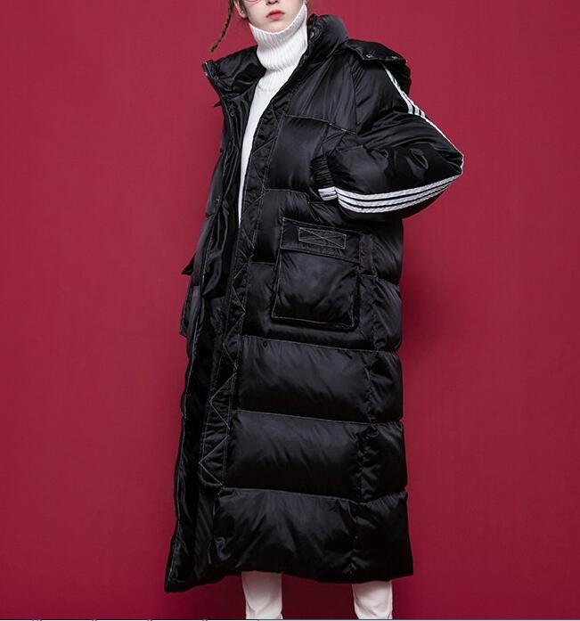 White Stripe Sleeve Black Long Women Winter Plus size Side Pockets Down Jacket Women Down Coats Any Size VPPBUY shop