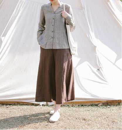 Coffee Linen Wide Leg Women Casual Pants SJ97235 VPPBUY shop