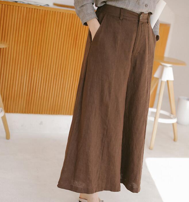 Coffee Linen Wide Leg Women Casual Pants SJ97235 VPPBUY shop