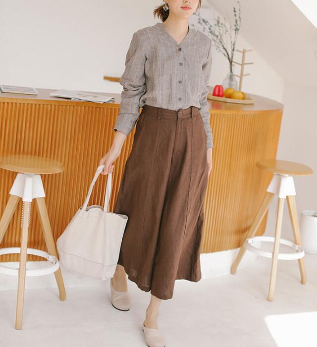 Coffee Linen Wide Leg Women Casual Pants SJ97235 VPPBUY shop