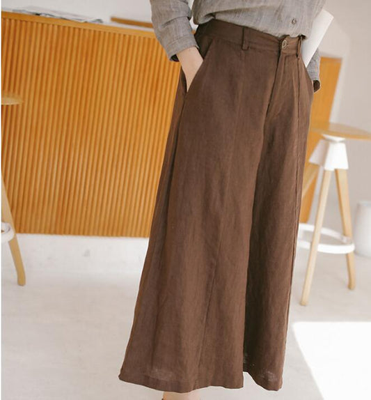 Coffee Linen Wide Leg Women Casual Pants SJ97235 VPPBUY shop