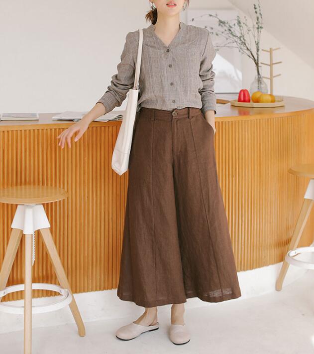 Coffee Linen Wide Leg Women Casual Pants SJ97235 VPPBUY shop