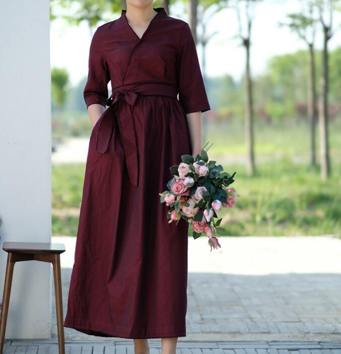 Waist Belt Cotton Half Sleeve Dress Long Women Dress SJP9201229 VPPBUY shop