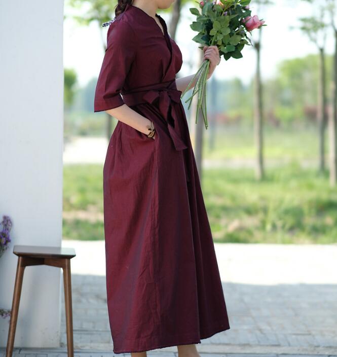 Waist Belt Cotton Half Sleeve Dress Long Women Dress SJP9201229 VPPBUY shop