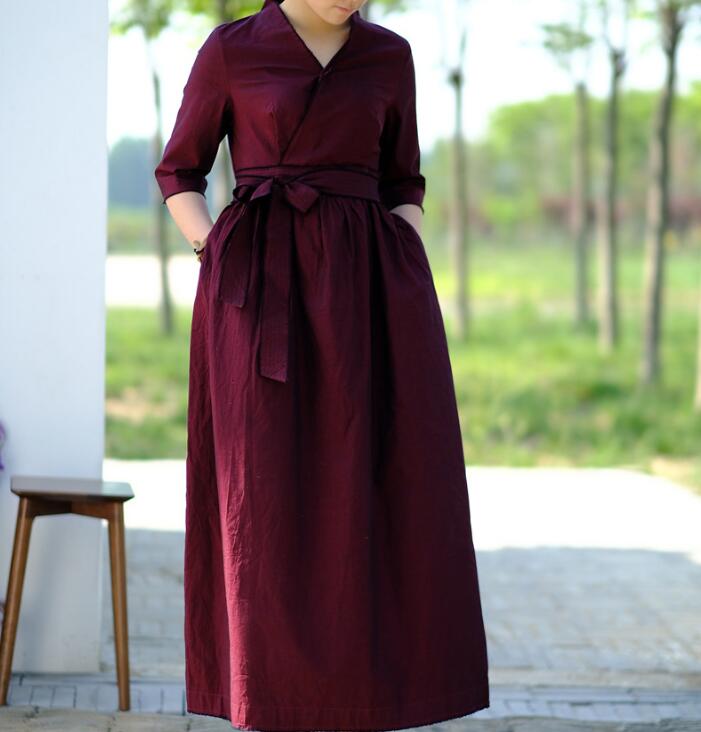 Waist Belt Cotton Half Sleeve Dress Long Women Dress SJP9201229 VPPBUY shop