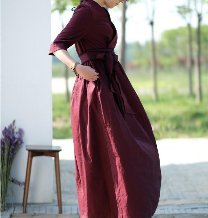 Waist Belt Cotton Half Sleeve Dress Long Women Dress SJP9201229 VPPBUY shop