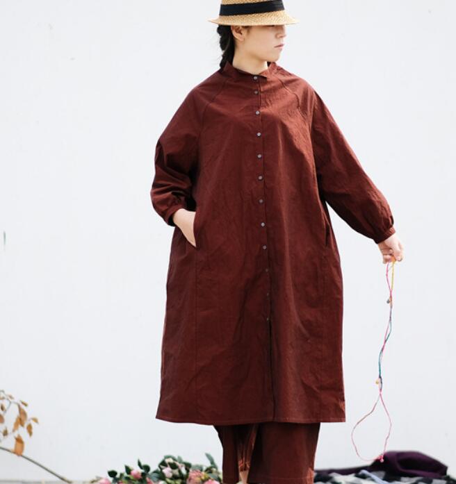 Brown Linen Long Sleeve  Cotton shirts Dress Women Dress ZYCP9201229 VPPBUY shop