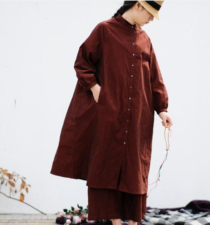 Brown Linen Long Sleeve  Cotton shirts Dress Women Dress ZYCP9201229 VPPBUY shop