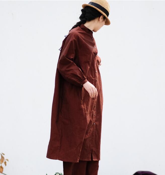 Brown Linen Long Sleeve  Cotton shirts Dress Women Dress ZYCP9201229 VPPBUY shop