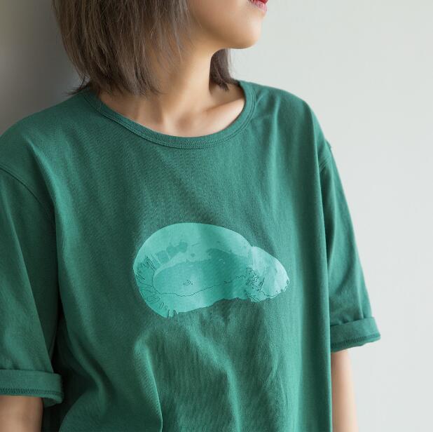 Abstract Print Green Women Cotton Tops Summer  Women Short Sleeves T-Shirts Tops H90425 VPPBUY shop