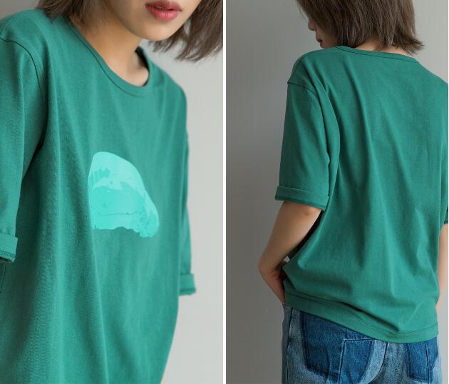 Abstract Print Green Women Cotton Tops Summer  Women Short Sleeves T-Shirts Tops H90425 VPPBUY shop