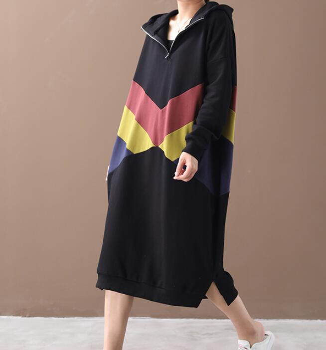 Hooded Patchwork Colors Women Cotton Loose Dresses Long Sleeve Women Dress YM9201229 VPPBUY shop