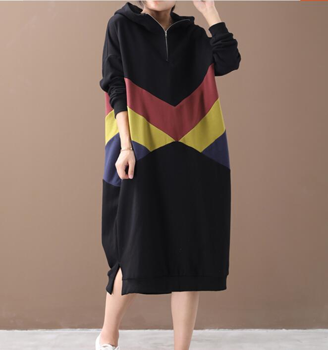 Hooded Patchwork Colors Women Cotton Loose Dresses Long Sleeve Women Dress YM9201229 VPPBUY shop