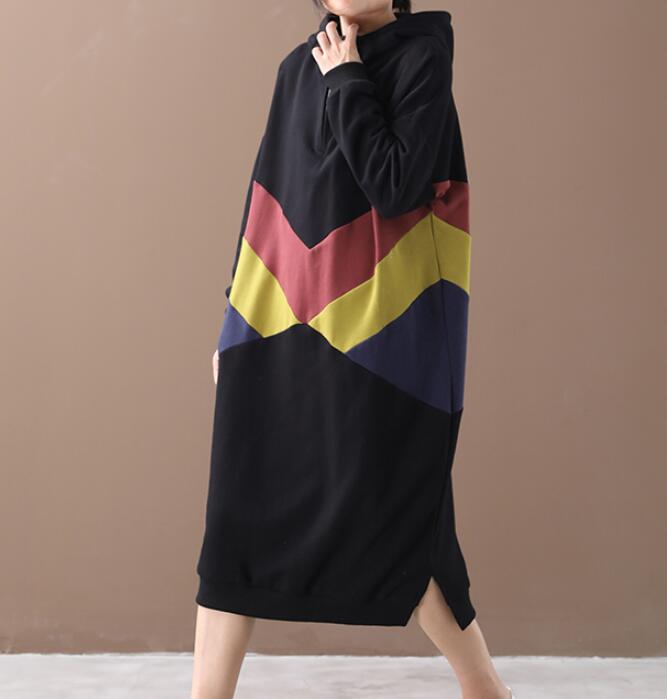 Hooded Patchwork Colors Women Cotton Loose Dresses Long Sleeve Women Dress YM9201229 VPPBUY shop