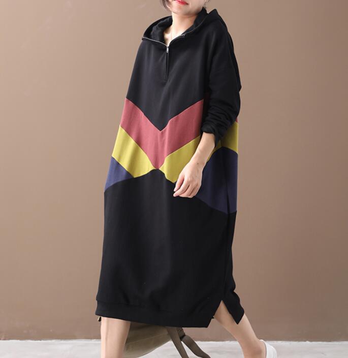 Hooded Patchwork Colors Women Cotton Loose Dresses Long Sleeve Women Dress YM9201229 VPPBUY shop