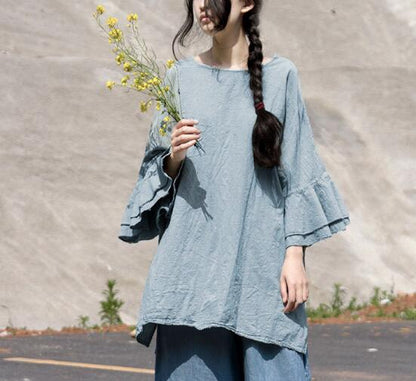 Women Linen Cotton Tops Women Blouse Ruffle Sleeves Vintage Loose Style H9504 VPPBUY shop