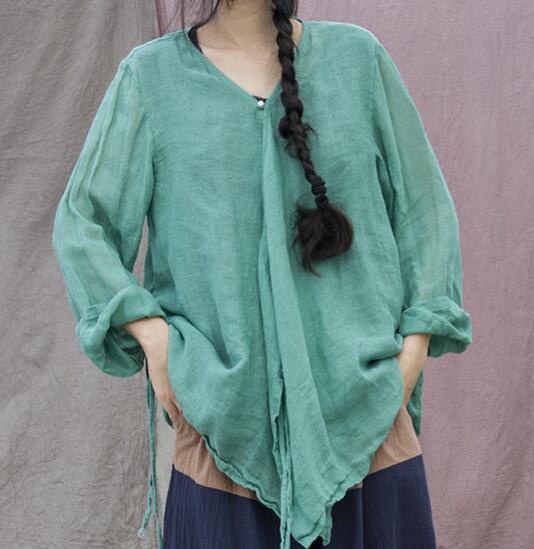 Green Women Summer Linen Tops Asymmetric Cardigan Long Sleeves Loose Style H9508 VPPBUY shop