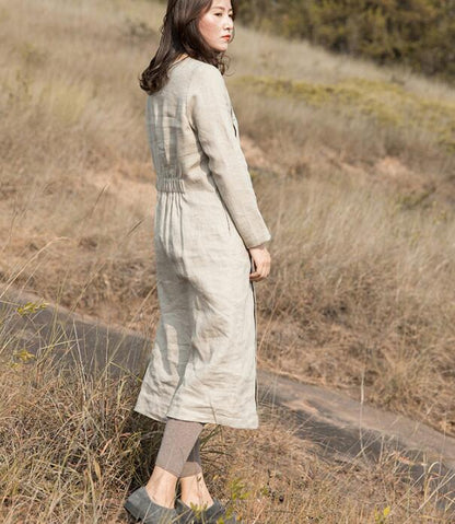 Khaki Linen Long Sleeve Autumn Women Shift Linen Dresses S90921 VPPBUY shop