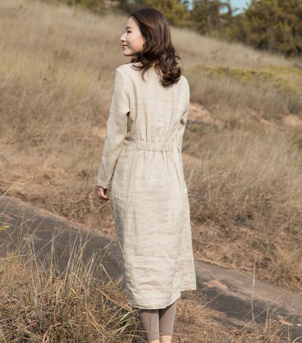 Khaki Linen Long Sleeve Autumn Women Shift Linen Dresses S90921 VPPBUY shop