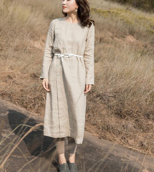 Khaki Linen Long Sleeve Autumn Women Shift Linen Dresses S90921 VPPBUY shop