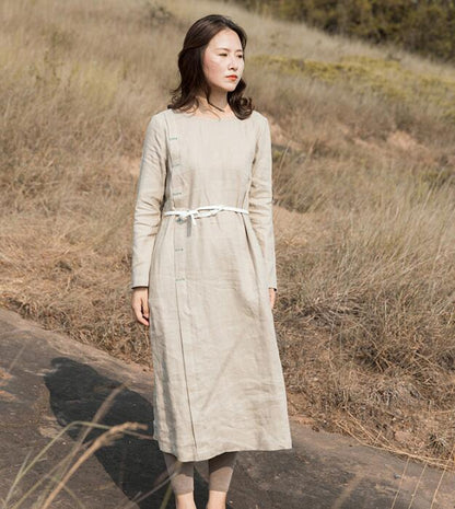 Khaki Linen Long Sleeve Autumn Women Shift Linen Dresses S90921 VPPBUY shop