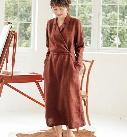 Coffee Linen Women Dresses Long Sleeve Women Linen Dresses Waist Belt S90921 VPPBUY shop