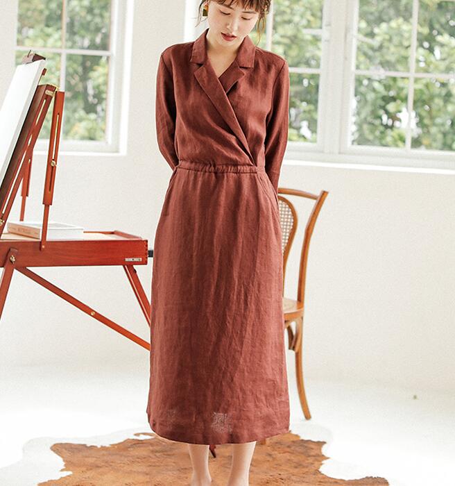 Coffee Linen Women Dresses Long Sleeve Women Linen Dresses Waist Belt S90921 VPPBUY shop