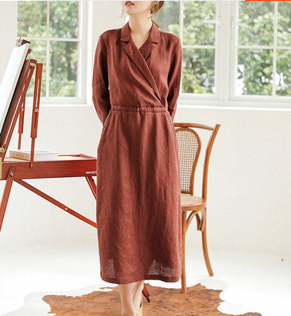 Coffee Linen Women Dresses Long Sleeve Women Linen Dresses Waist Belt S90921 VPPBUY shop