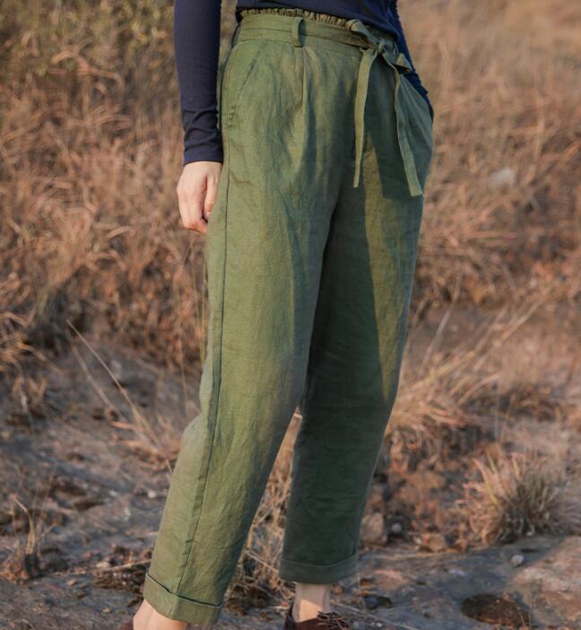 Green Linen Summer Autumn Women Casual Pants SMM97235 VPPBUY shop