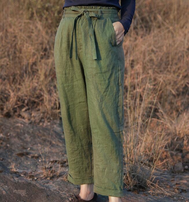 Green Linen Summer Autumn Women Casual Pants SMM97235 VPPBUY shop