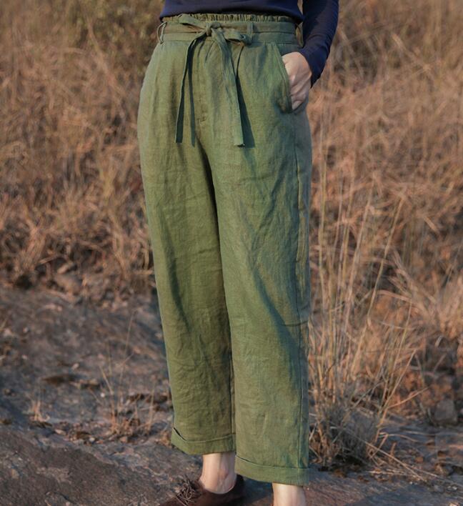 Green Linen Summer Autumn Women Casual Pants SMM97235 VPPBUY shop