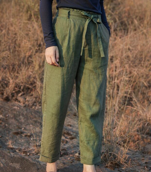 Green Linen Summer Autumn Women Casual Pants SMM97235 VPPBUY shop