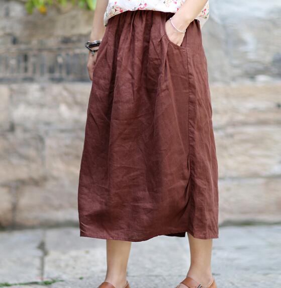 Coffee Women's Skirts Summer 100% Linen Skirt Elastic Waist VPPBUY shop