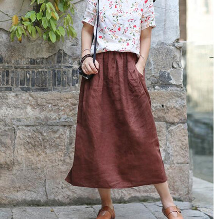 Coffee Women's Skirts Summer 100% Linen Skirt Elastic Waist VPPBUY shop