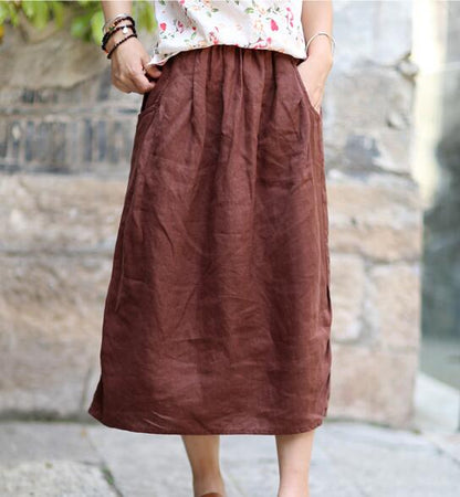 Coffee Women's Skirts Summer 100% Linen Skirt Elastic Waist VPPBUY shop