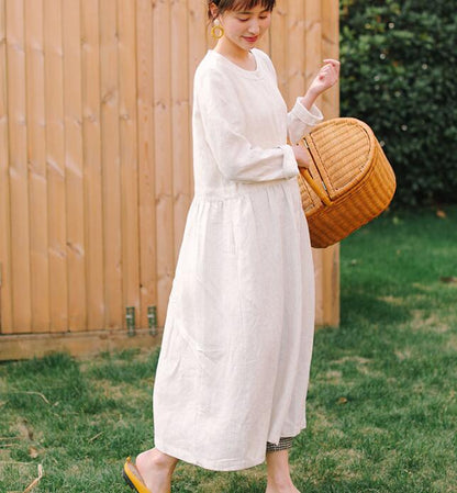 White Linen Women Dress Long Sleeve Women Linen Shirts Dresses With Buttons S90921 VPPBUY shop