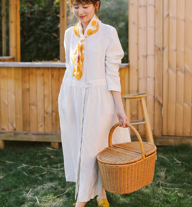 White Linen Women Dress Long Sleeve Women Linen Shirts Dresses With Buttons S90921 VPPBUY shop