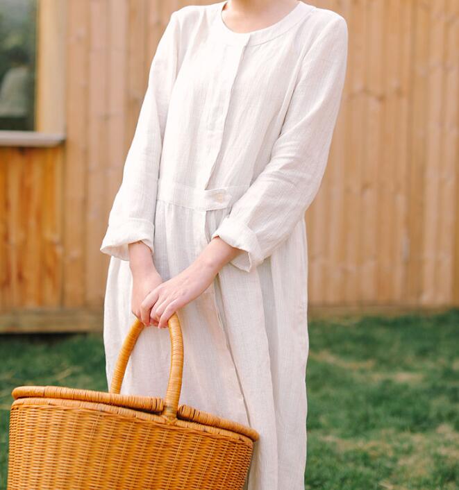 White Linen Women Dress Long Sleeve Women Linen Shirts Dresses With Buttons S90921 VPPBUY shop