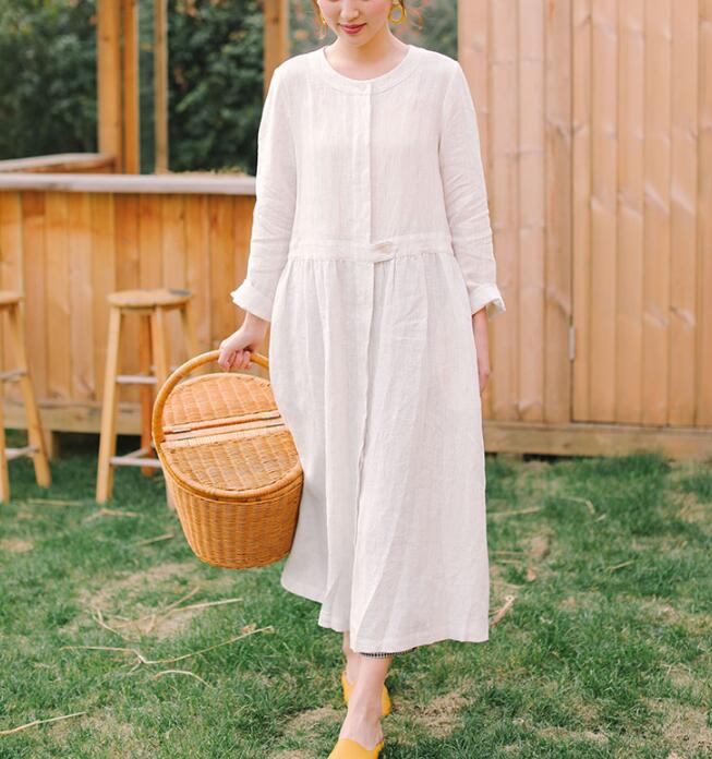 White Linen Women Dress Long Sleeve Women Linen Shirts Dresses With Buttons S90921 VPPBUY shop