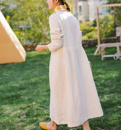 White Linen Women Dress Long Sleeve Women Linen Shirts Dresses With Buttons S90921 VPPBUY shop