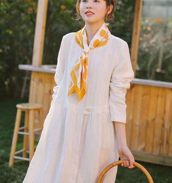 White Linen Women Dress Long Sleeve Women Linen Shirts Dresses With Buttons S90921 VPPBUY shop