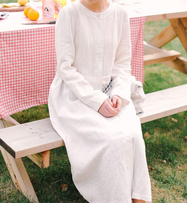 White Linen Women Dress Long Sleeve Women Linen Shirts Dresses With Buttons S90921 VPPBUY shop