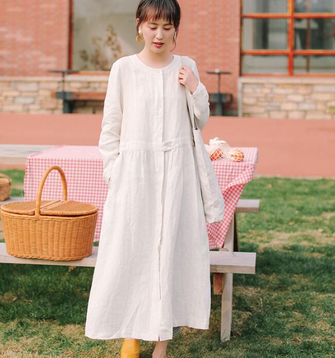 White Linen Women Dress Long Sleeve Women Linen Shirts Dresses With Buttons S90921 VPPBUY shop