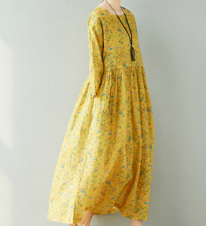 Yellow Floral  Linen loose Summer Women Dress SJ9201229 VPPBUY shop