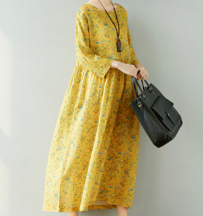 Yellow Floral  Linen loose Summer Women Dress SJ9201229 VPPBUY shop