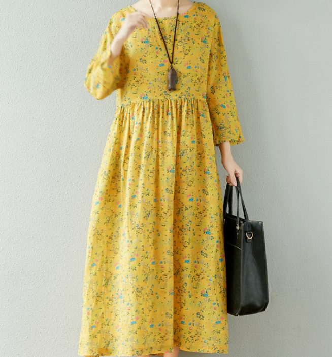 Yellow Floral  Linen loose Summer Women Dress SJ9201229 VPPBUY shop