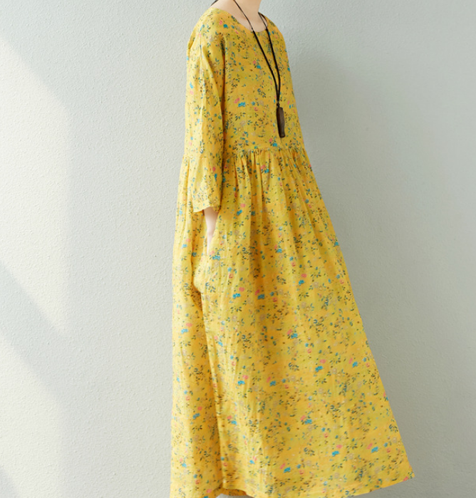 Yellow Floral  Linen loose Summer Women Dress SJ9201229 VPPBUY shop